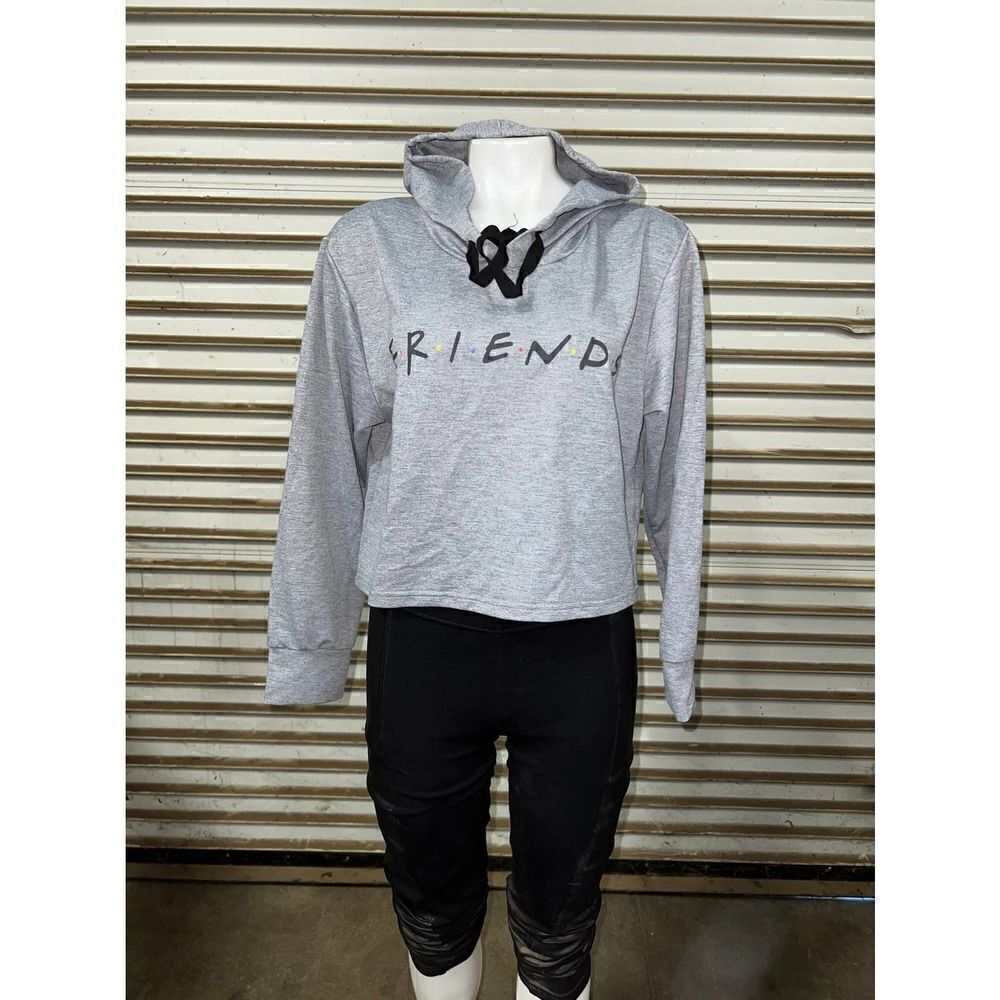 Friends crop hoodie long sleeve stringed hoodie gray with friends logo